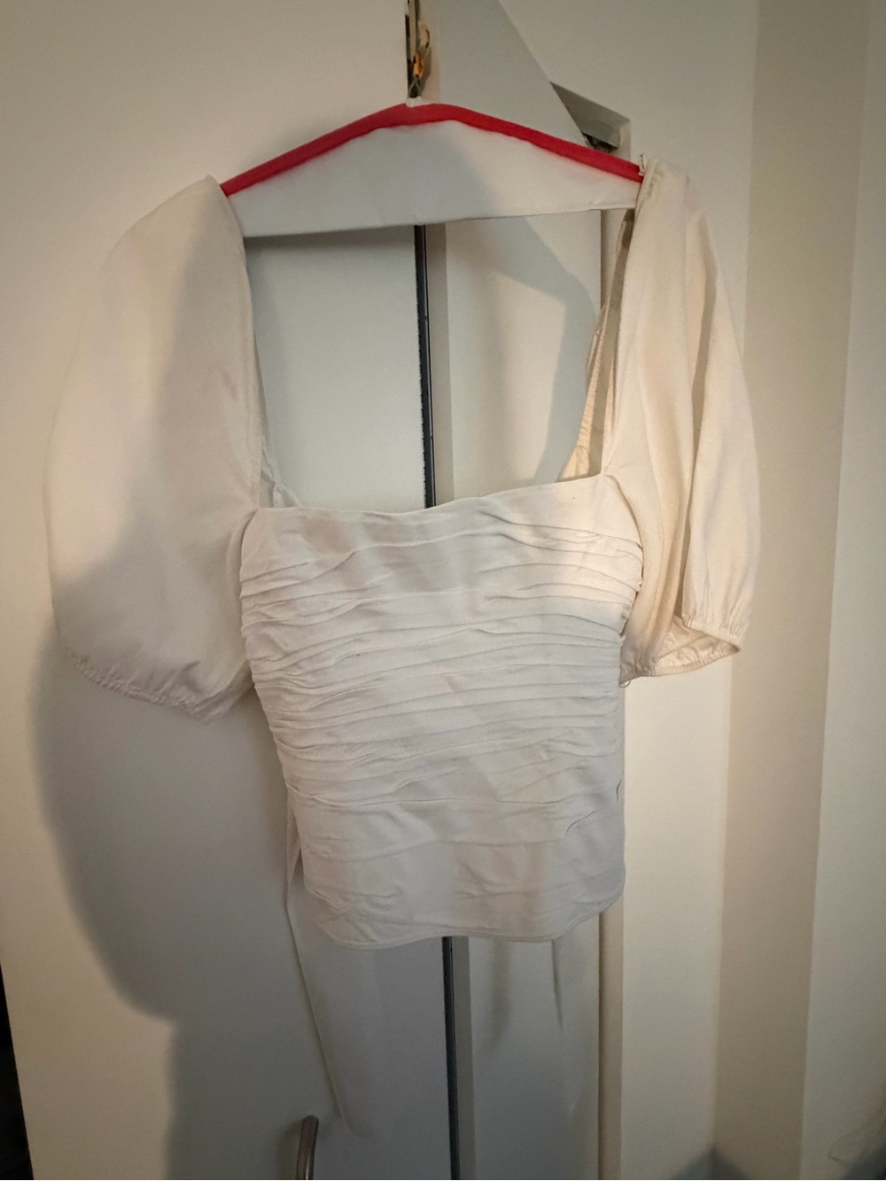 Reformation White Puff-Sleeve Ruched Square-Neck Top with Tie Back
